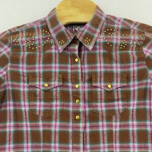 Rock 47 Wrangler XL Brown Pink Plaid Western‎ Snap Shirt Studded Long Sleeve